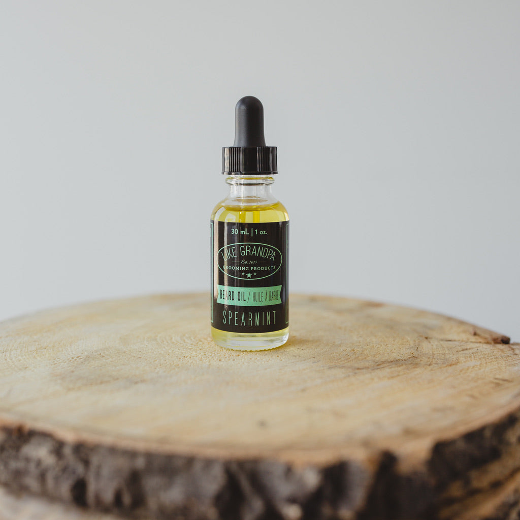 All-natural Beard Oil for men. Spearmint scented in a glass bottle.