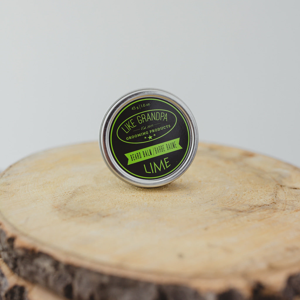 Lime Beard Balm for facial hair. All-natural balm in a tin.