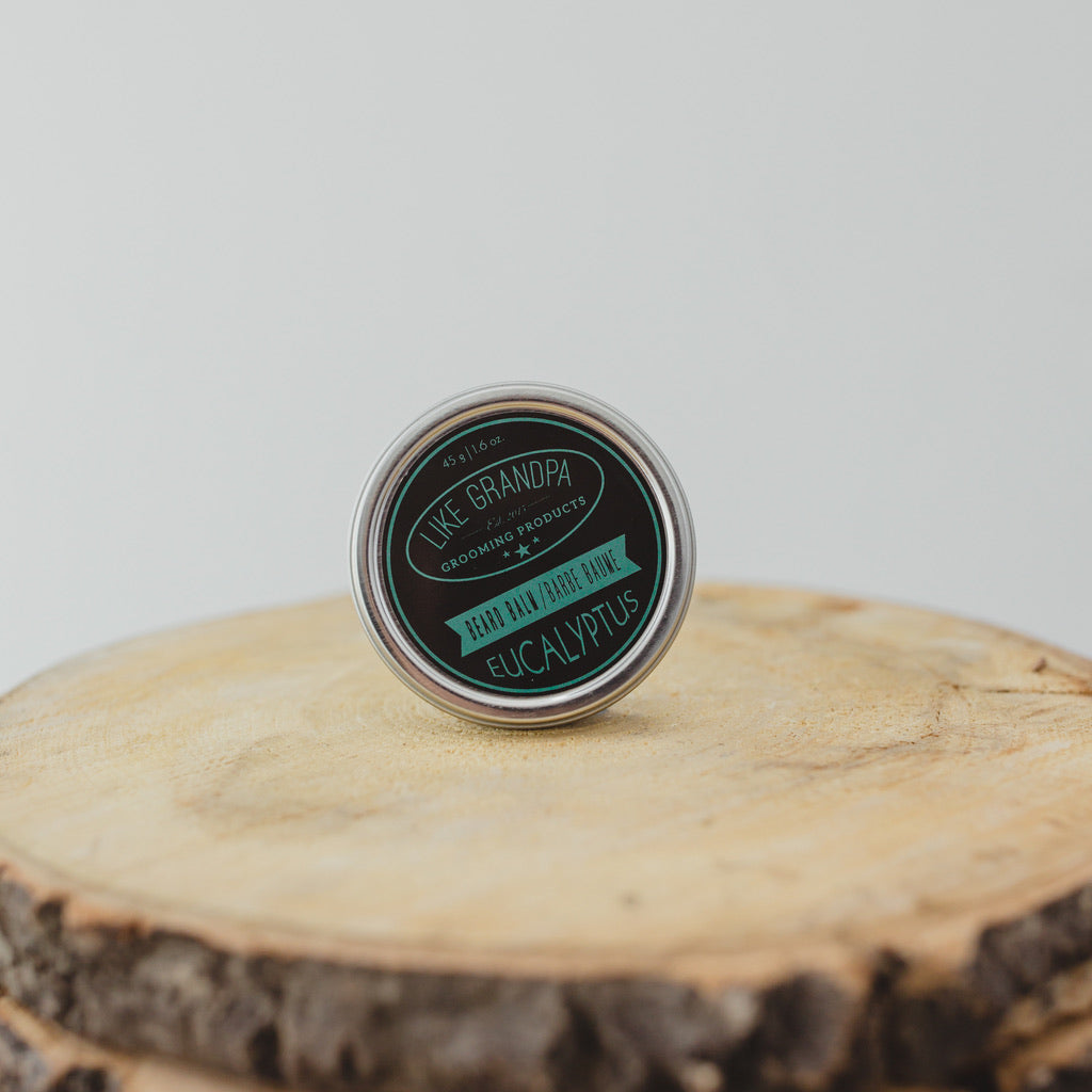 Natural Beard Balm for beard hair, eucalyptus scented and in a tin.