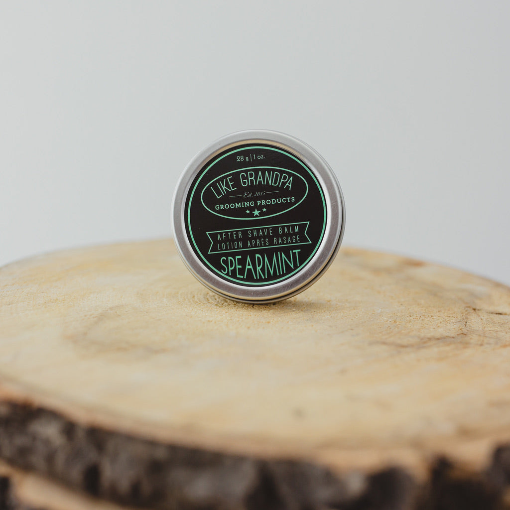 Spearmint After Shave Balm in a tin. All-natural shaving.